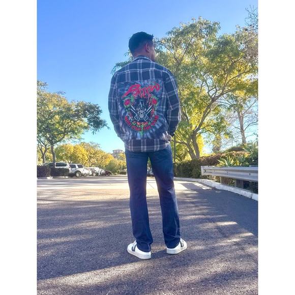 POISON Ride Like The Wind Upcycled Grunge Flannel Shirt 80s Retro Vintage Size M - Picture 1 of 13
